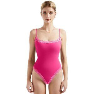 Women Square Neck Lace Bodysuit Hot Pink
